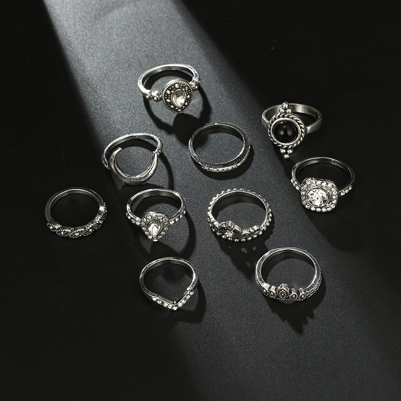 Bohemian Black Rhinestone Crown Horn Rings Set for Women Geometric Crystal Knuckle Midi Ring Boho Jewelry Anillos 6390