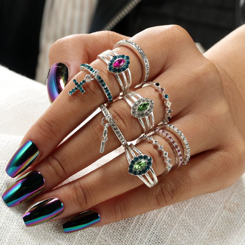 Colorful Rhinestone Cross Shape Rings Set for Women Ethinc Crystal Knuckle Midi Ring Set Anillos Mujer 5976