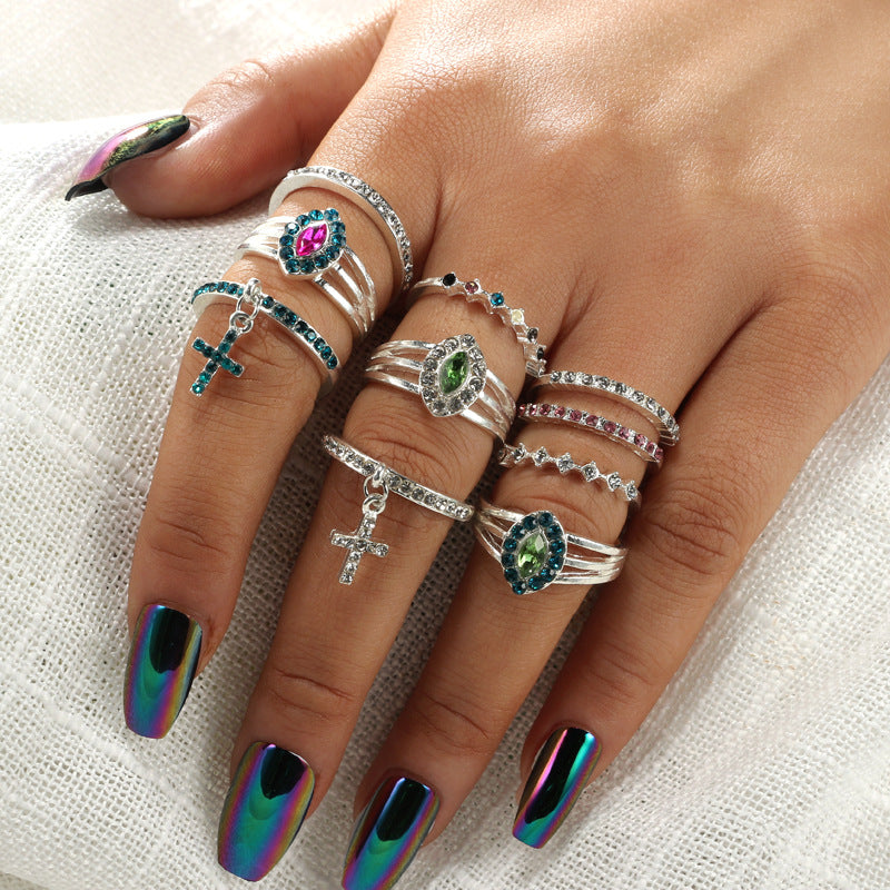 Colorful Rhinestone Cross Shape Rings Set for Women Ethinc Crystal Knuckle Midi Ring Set Anillos Mujer 5976