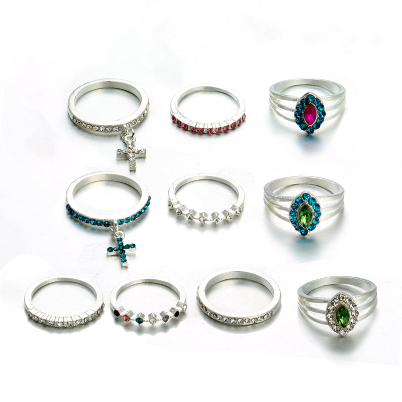 Colorful Rhinestone Cross Shape Rings Set for Women Ethinc Crystal Knuckle Midi Ring Set Anillos Mujer 5976