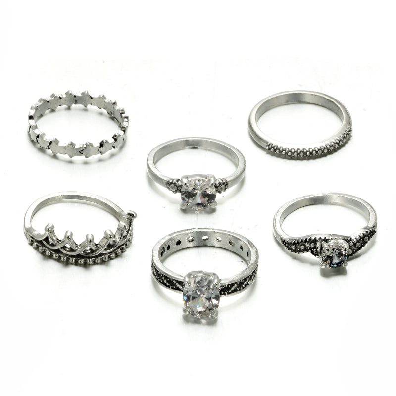 Bohemian Crown Star Carved Knuckle Rings Set for Women White Crystal Midi Finger Ring Statement Jewelry 6pcs/1set 4188