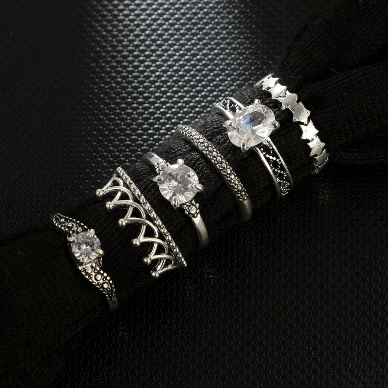 Bohemian Crown Star Carved Knuckle Rings Set for Women White Crystal Midi Finger Ring Statement Jewelry 6pcs/1set 4188