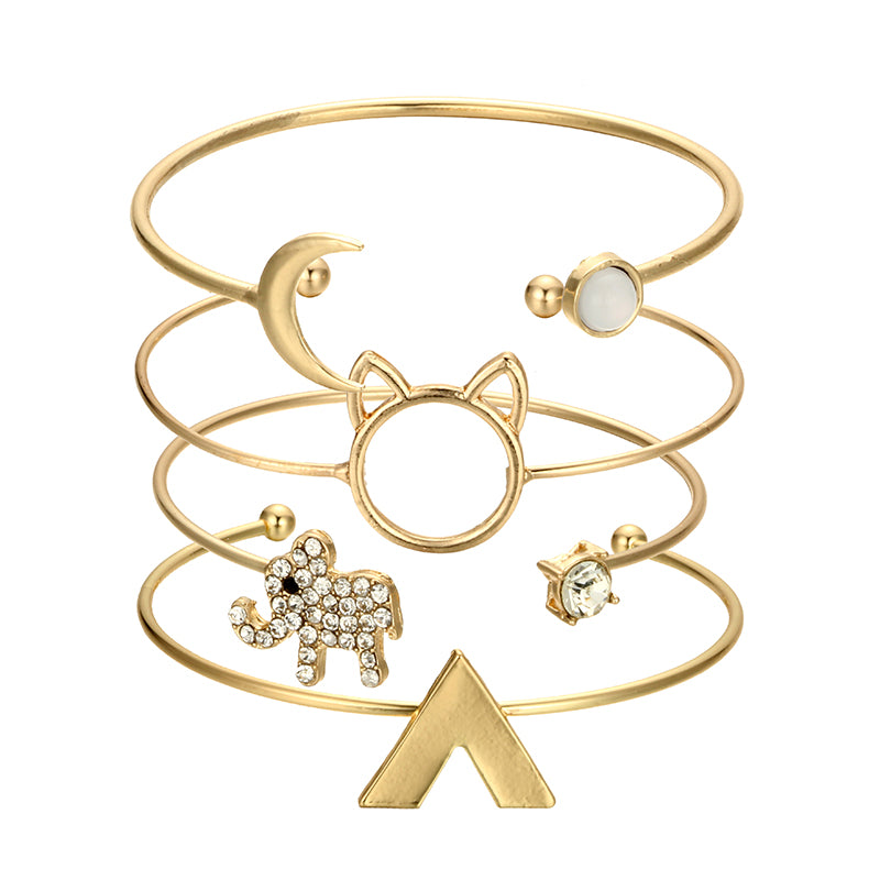 Bohemian Gold Color Cat Elephant Moon Bracelet Set for Women Alloy Open Adjustable Bracelet Bangle Statement Jewelry 5253