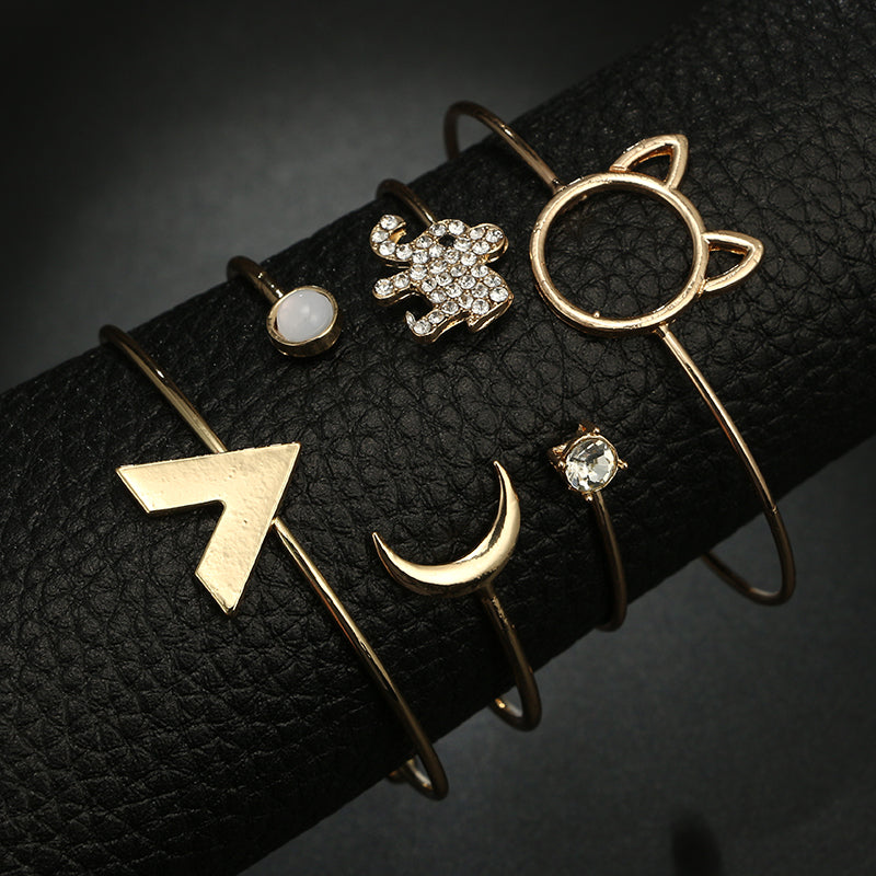 Bohemian Gold Color Cat Elephant Moon Bracelet Set for Women Alloy Open Adjustable Bracelet Bangle Statement Jewelry 5253