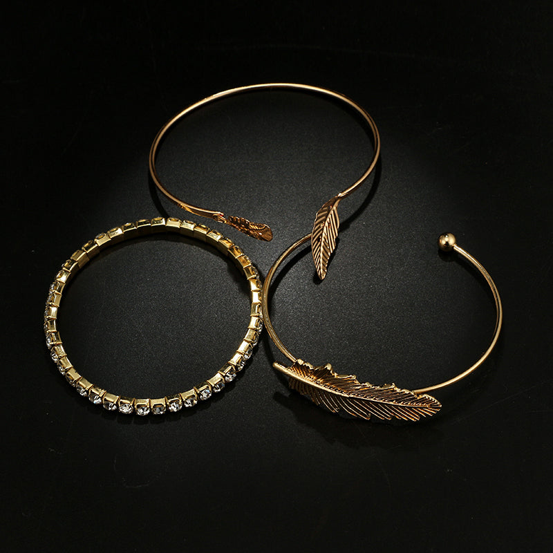 Bohemian Gold Color Crystal Leaf Bracelet Set for Women Girl Opening Adjustable Bracelet Bangle Set 3pcs /1set 3858