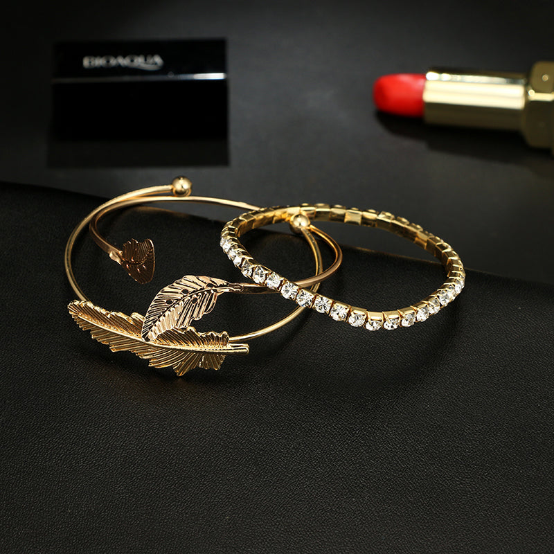 Bohemian Gold Color Crystal Leaf Bracelet Set for Women Girl Opening Adjustable Bracelet Bangle Set 3pcs /1set 3858