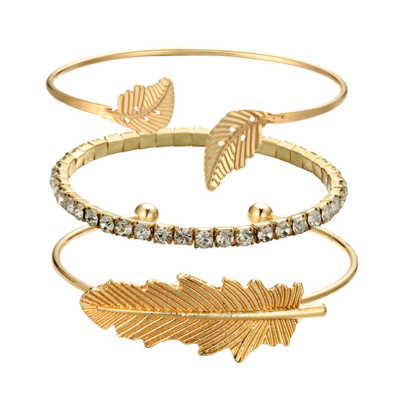 Bohemian Gold Color Crystal Leaf Bracelet Set for Women Girl Opening Adjustable Bracelet Bangle Set 3pcs /1set 3858
