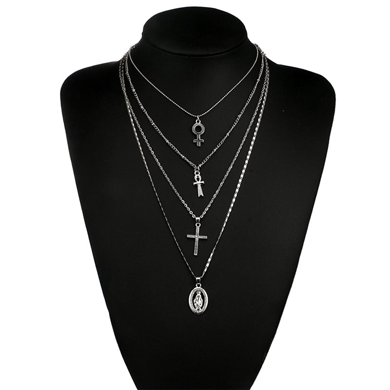 Boho Geometric Cross Buddha statue Charms Pendant Necklace for Women Metal Chian 4 Layered Necklace Bohemian Jewelry 5201