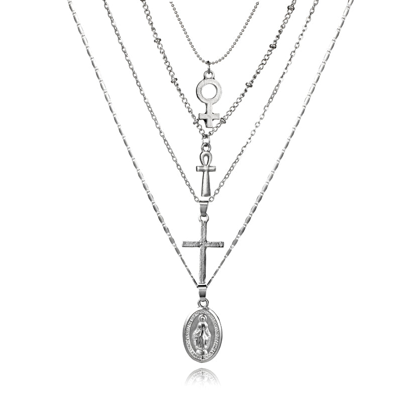 Boho Geometric Cross Buddha statue Charms Pendant Necklace for Women Metal Chian 4 Layered Necklace Bohemian Jewelry 5201