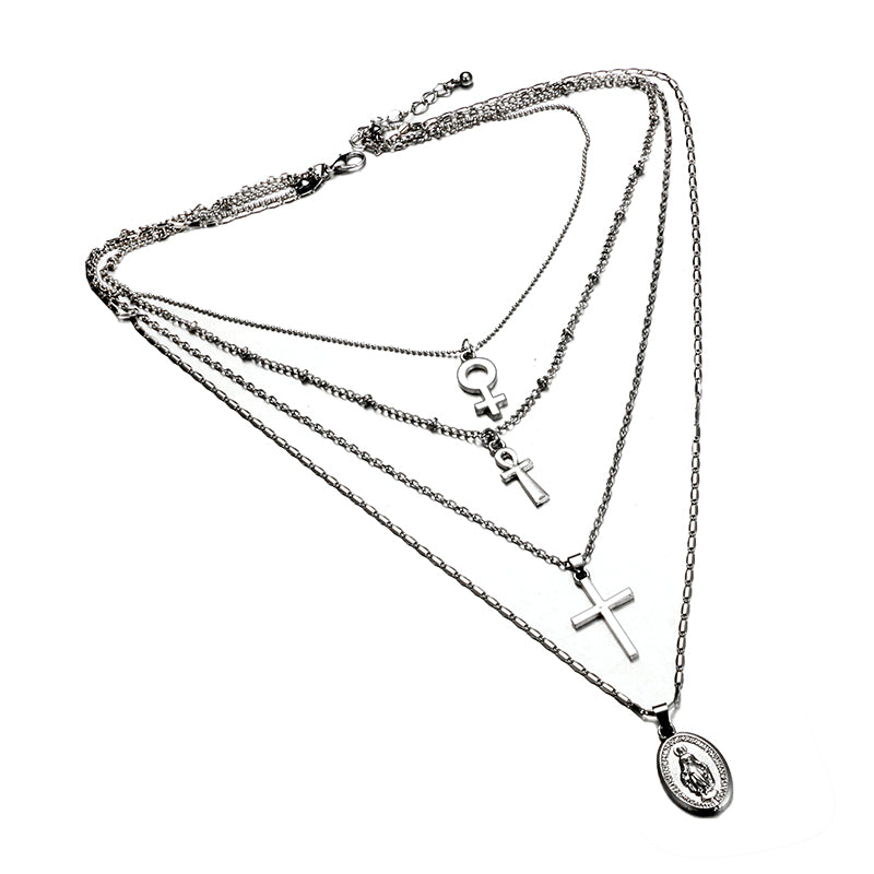 Boho Geometric Cross Buddha statue Charms Pendant Necklace for Women Metal Chian 4 Layered Necklace Bohemian Jewelry 5201