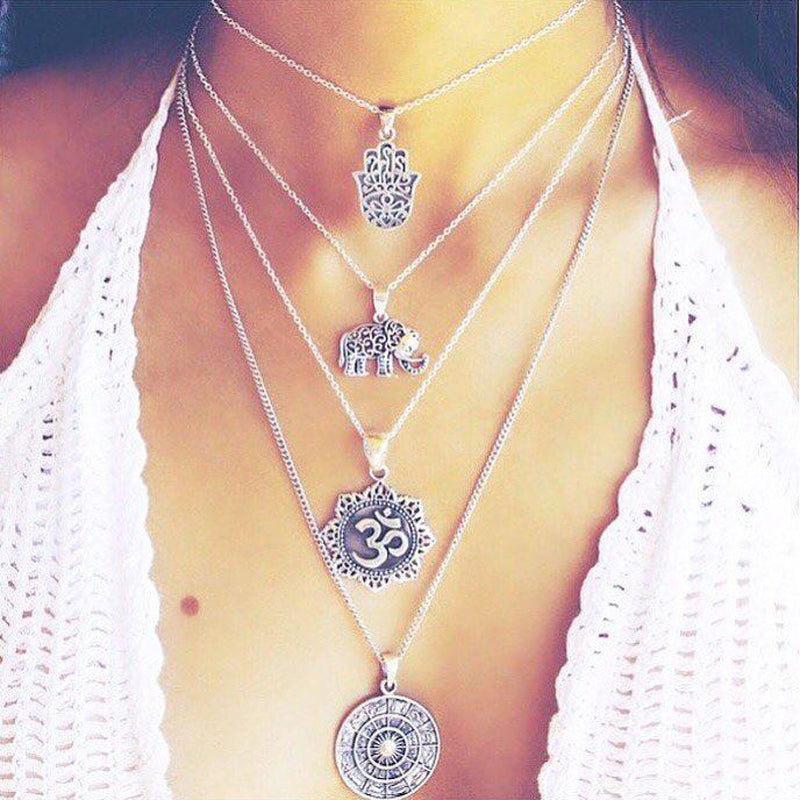 Silver Color Hand Elephant Compass Pendant Necklace for Women Girl Metal Layered Necklaces Party Jewelry Collar 4373