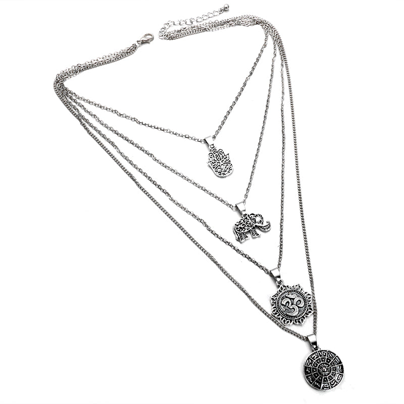 Silver Color Hand Elephant Compass Pendant Necklace for Women Girl Metal Layered Necklaces Party Jewelry Collar 4373