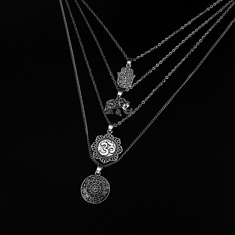 Silver Color Hand Elephant Compass Pendant Necklace for Women Girl Metal Layered Necklaces Party Jewelry Collar 4373