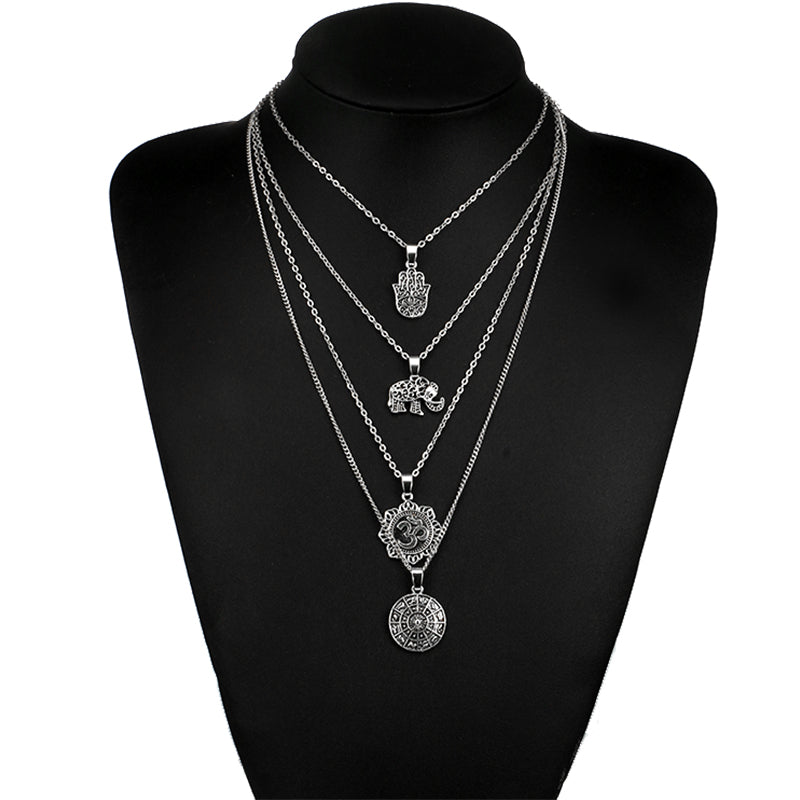 Silver Color Hand Elephant Compass Pendant Necklace for Women Girl Metal Layered Necklaces Party Jewelry Collar 4373