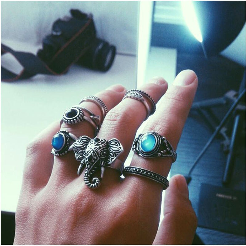 New Hot Bohemian Elephants Ring 10pcs Stone Retro Boho Rings Leaf Eyes same kinds Statement Rings Sets for Women