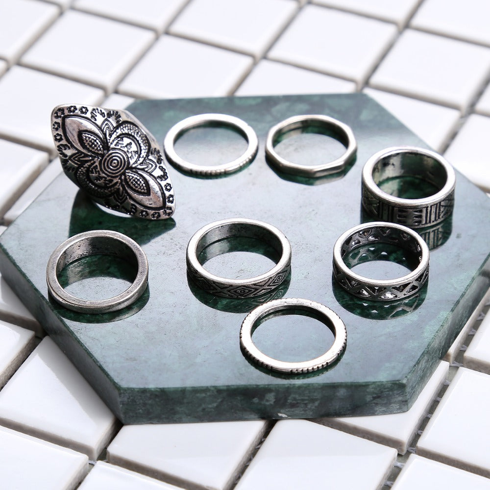New Hot Bohemian Elephants Ring 10pcs Stone Retro Boho Rings Leaf Eyes same kinds Statement Rings Sets for Women