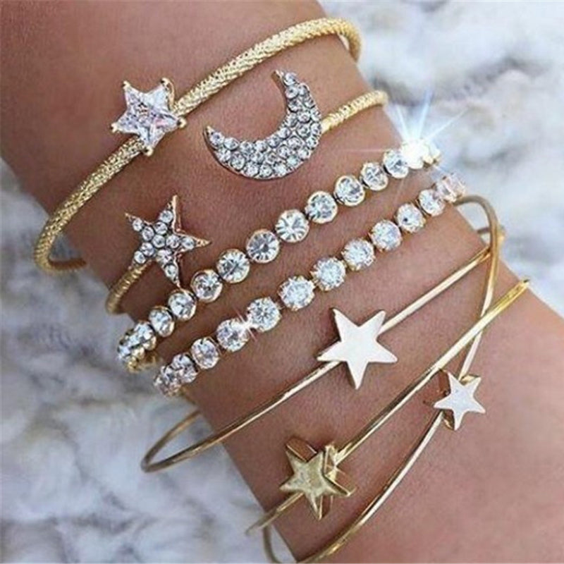 Punk Gold Silver Moon Star Heart Bracelets Set for Women Adjustable Charms Bracelet Bangle Boho Jewelry Pulseras5802