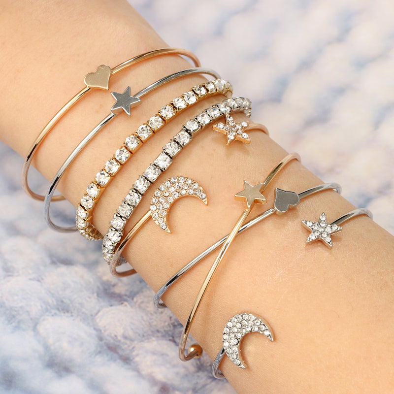 Punk Gold Silver Moon Star Heart Bracelets Set for Women Adjustable Charms Bracelet Bangle Boho Jewelry Pulseras5802