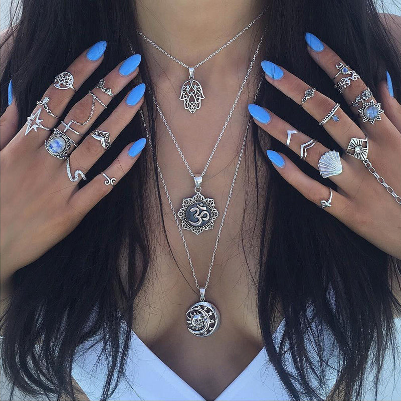 Retro Silver Color Hand Flower Moon Sun Pendant Necklace for Women Girl Charm Layered Necklace Boho Jewelry Collar 5067