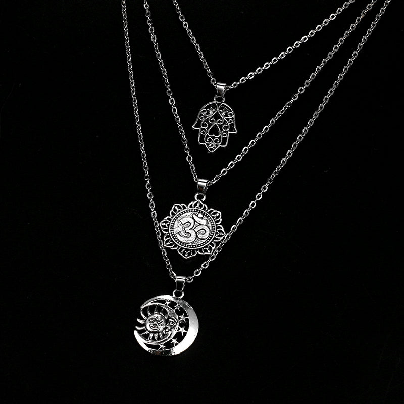 Retro Silver Color Hand Flower Moon Sun Pendant Necklace for Women Girl Charm Layered Necklace Boho Jewelry Collar 5067
