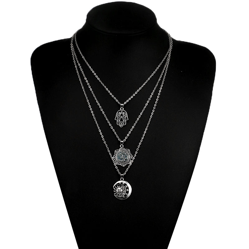 Retro Silver Color Hand Flower Moon Sun Pendant Necklace for Women Girl Charm Layered Necklace Boho Jewelry Collar 5067
