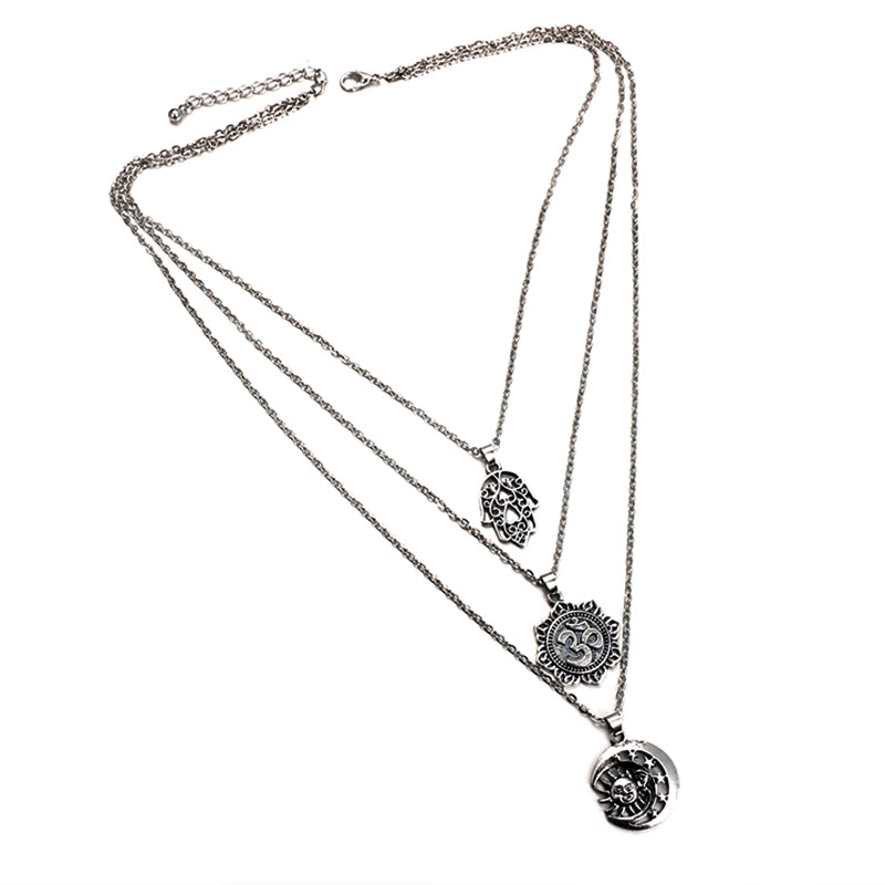 Retro Silver Color Hand Flower Moon Sun Pendant Necklace for Women Girl Charm Layered Necklace Boho Jewelry Collar 5067