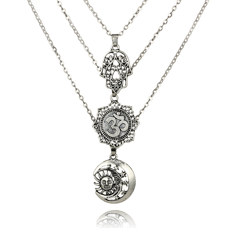 Retro Silver Color Hand Flower Moon Sun Pendant Necklace for Women Girl Charm Layered Necklace Boho Jewelry Collar 5067