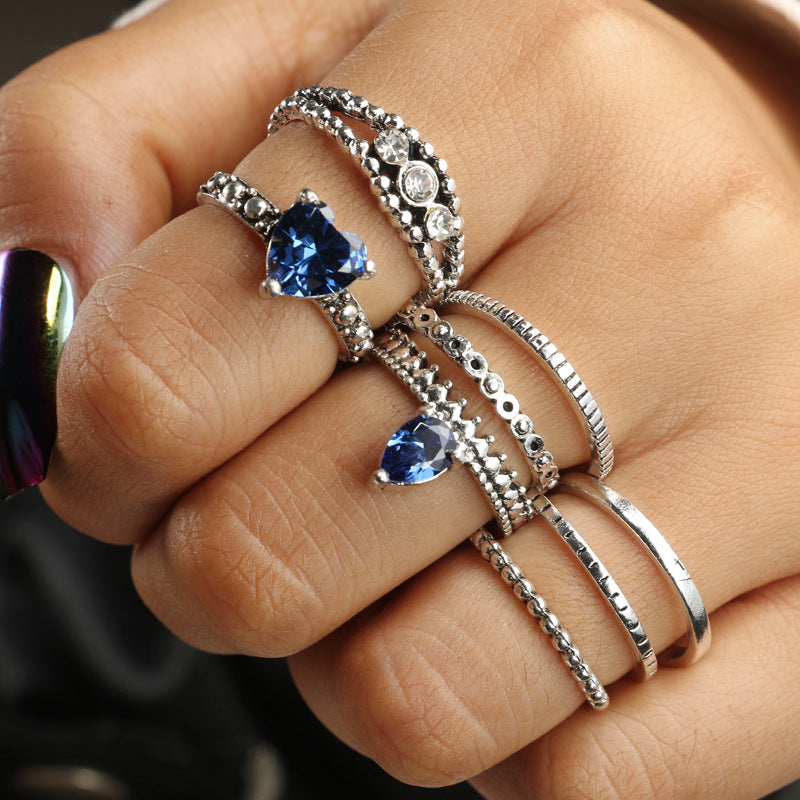 Tribal Silver Blue Heart Rings Set for Women Metal Crystal Knuckle Midi Rings Statement Jewelry Bague Femme