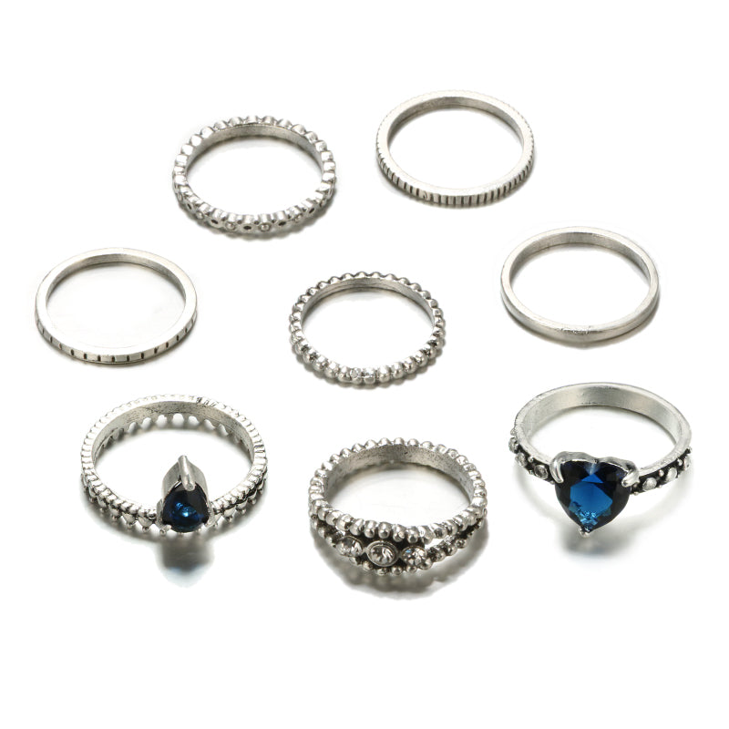 Tribal Silver Blue Heart Rings Set for Women Metal Crystal Knuckle Midi Rings Statement Jewelry Bague Femme