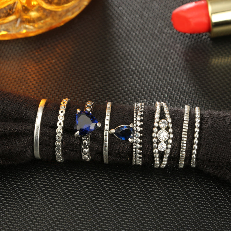 Tribal Silver Blue Heart Rings Set for Women Metal Crystal Knuckle Midi Rings Statement Jewelry Bague Femme