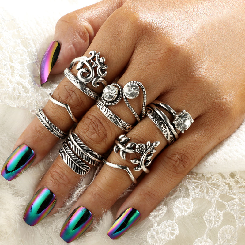 Vintage Boho Flower Leaf Shape Knuckle Midi Rings Set for Women Crystal Rhinestone Carved Finger Rings 8pcs/1set