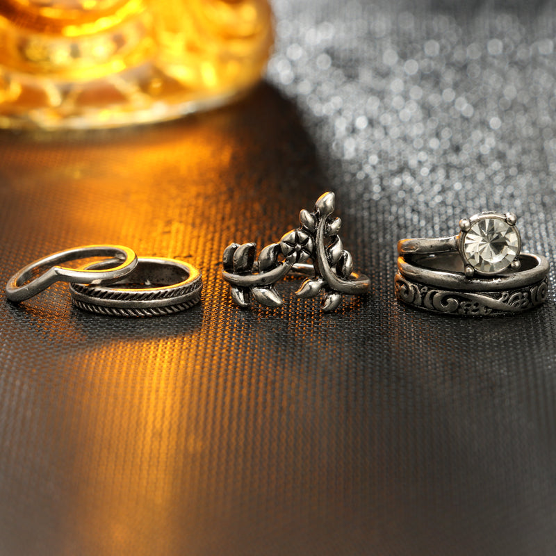 Vintage Boho Flower Leaf Shape Knuckle Midi Rings Set for Women Crystal Rhinestone Carved Finger Rings 8pcs/1set