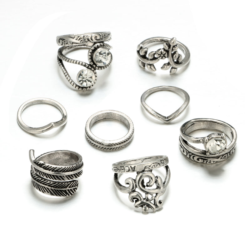 Vintage Boho Flower Leaf Shape Knuckle Midi Rings Set for Women Crystal Rhinestone Carved Finger Rings 8pcs/1set