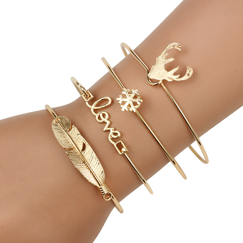 Vintage Leaf Deer Snowflake Bracelets Set for Women Girl Metal Letter Bracelet Statement Pulseras Mujer 5021