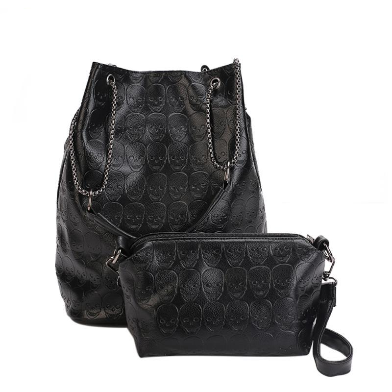 Vintage Skull Shoulder Bags Composite Bags Women Bucket PU Leather Female Black Handbags Ladies Casual Chain Tote Bags