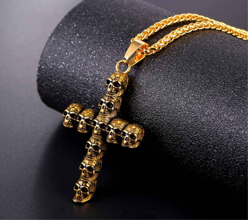punk skull skeleton cross necklace for men retro design Biker jewelry with chain