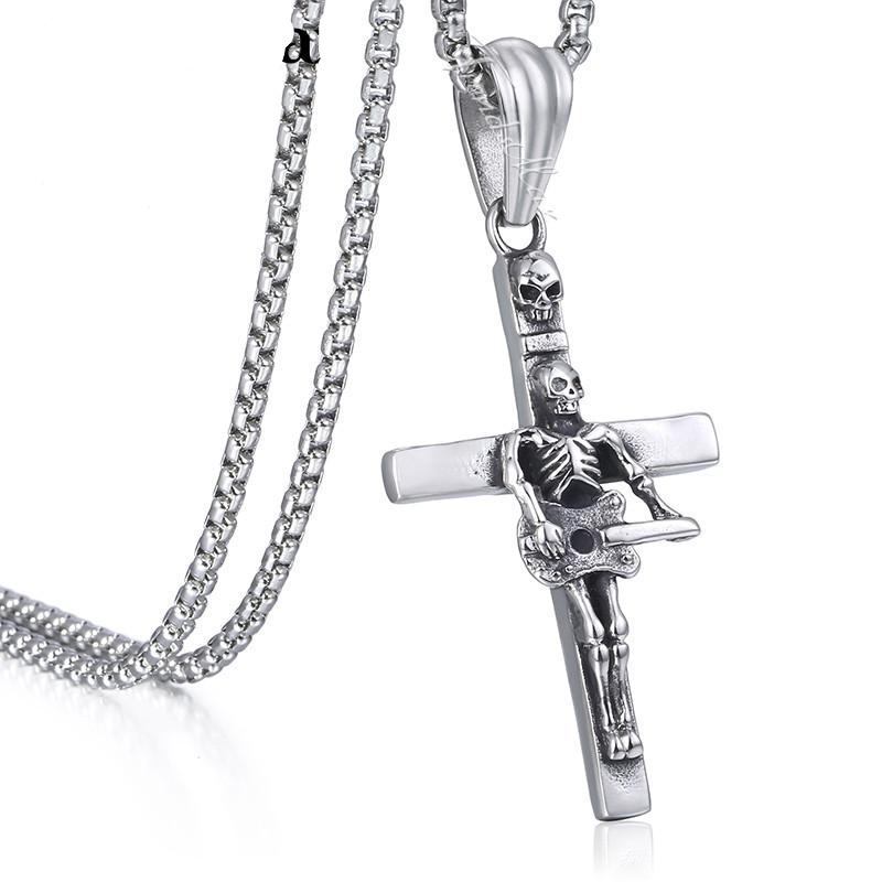 Guitar Skull Cross Pendant Necklace Gothic Mens Chain 316L Stainless Steel Box Link Silver 18-36inch