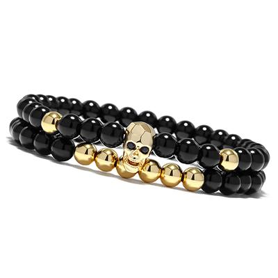 Steampunk Metal Smile Skull Bracelets Set Elastic Black Beads Chain Skeleton