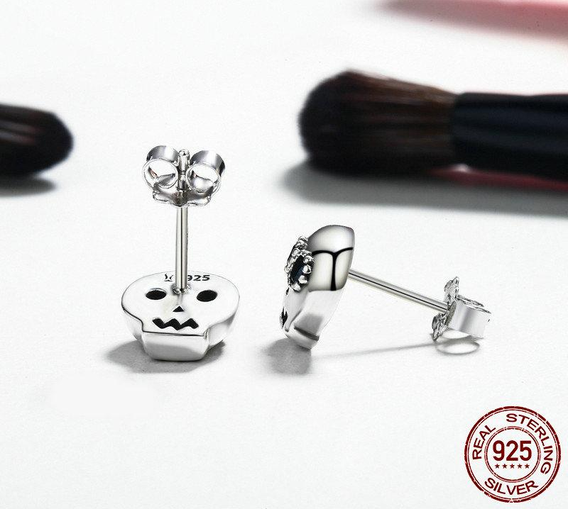 100% 925 Sterling Silver Halloween Skeleton Skull Stud Earring For Women Girl Jewelry Gift CQE064