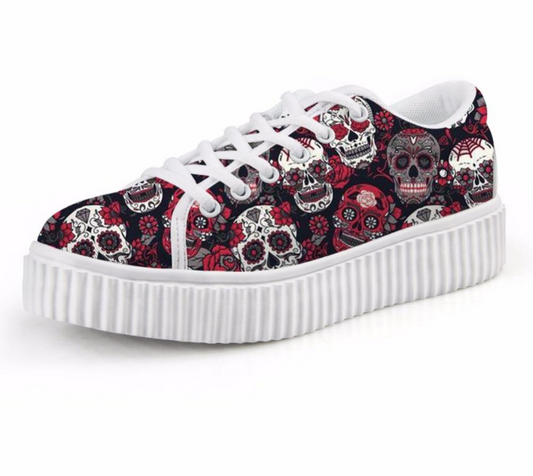 Trendy Sugar Skull Print Women Flats Platform Shoes Fashion Lace Up