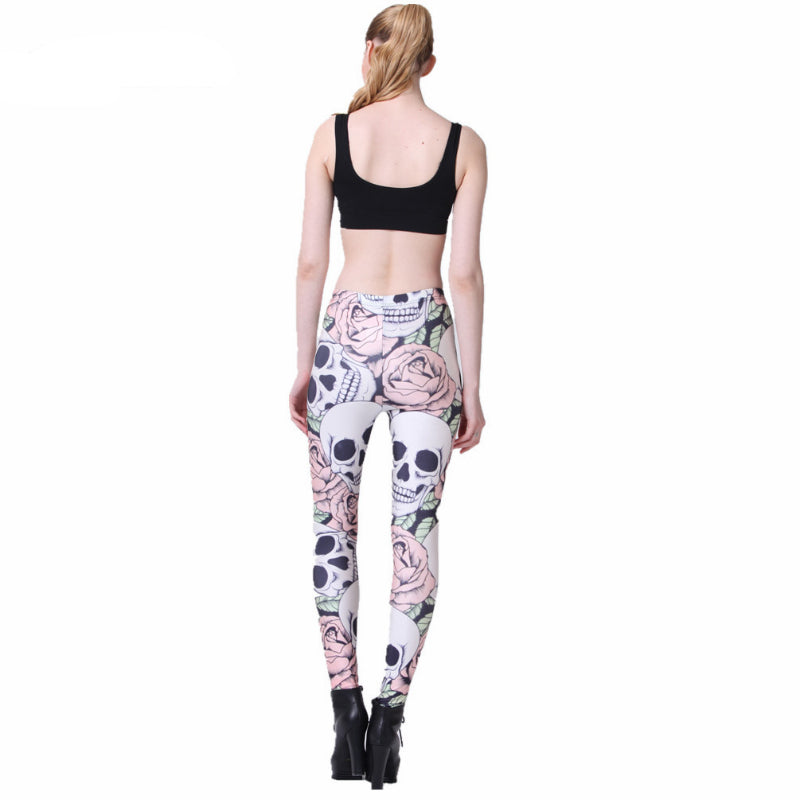Hot New Fashion ROSE & SKULL Printed Female Fitness New Leggings Femininos Fashion Slim Elastic Pants Women Leggings