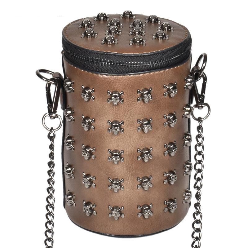 Punk Style Women Bucket Shoulder Bag Gothic Skull Punk Rivets Bags PU Leather Metal Chain Crossbody Messenger Bag