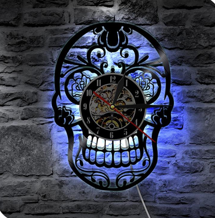 LED Lighting Tattoo Salon Creative CD Vinyl Record 3D Skull Wall Clock Classic Art Handmade Home Decor Clock