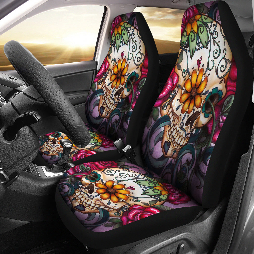 Set 2 seat cover floral rose sugar skulls