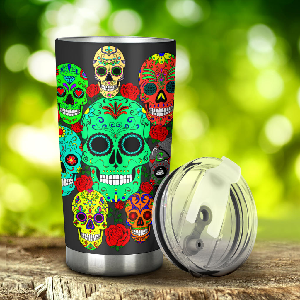Sugar skull floral tumbler mug cup