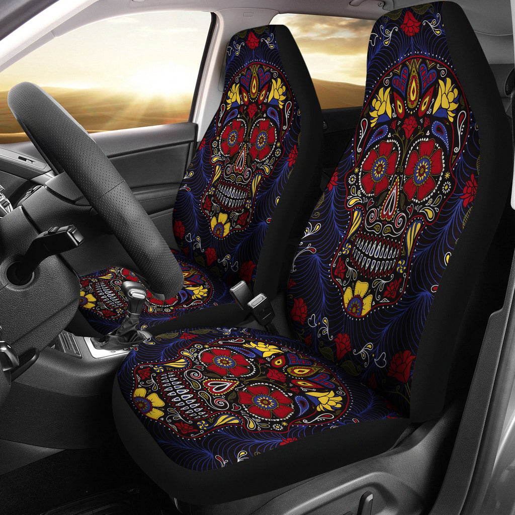 Set of 2 pcs sugar skull car seat covers