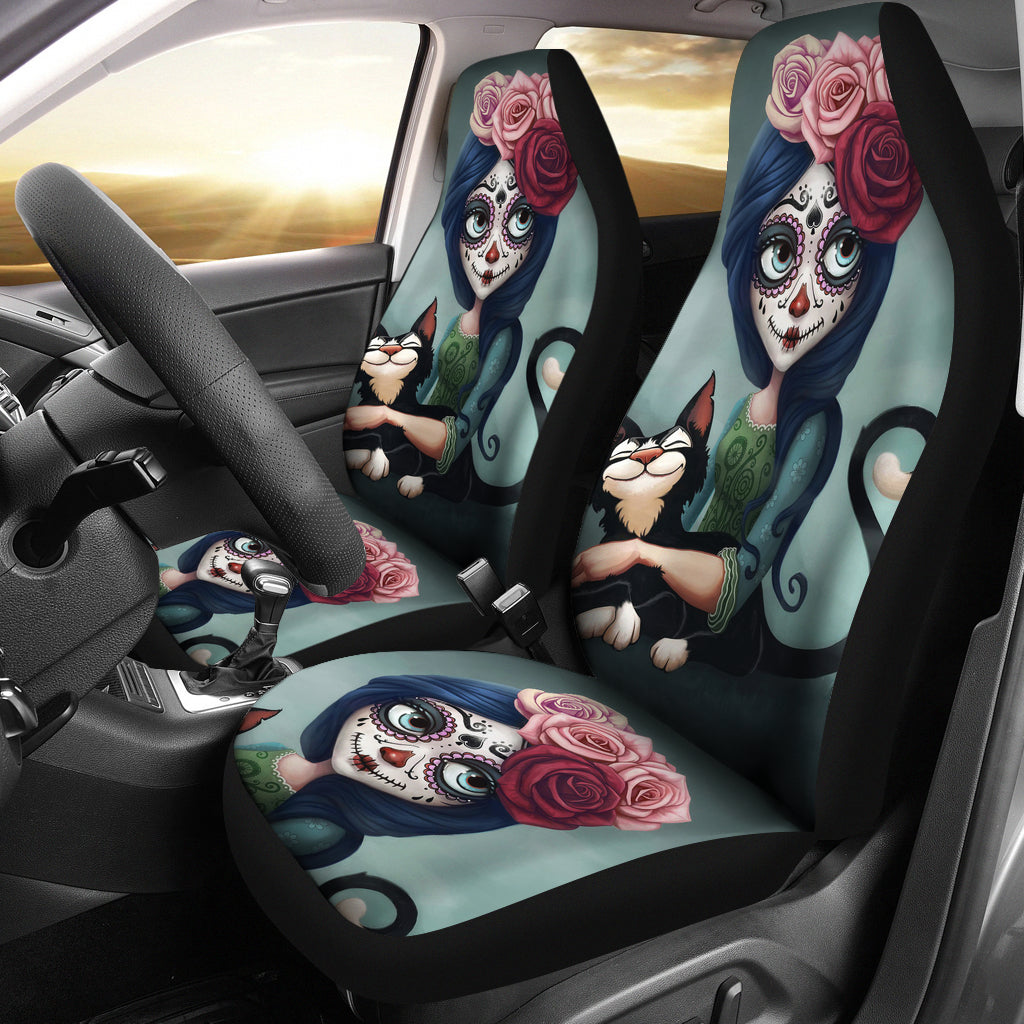 Set 2 pcs Floral sugar skull day of the dead skull car seat covers