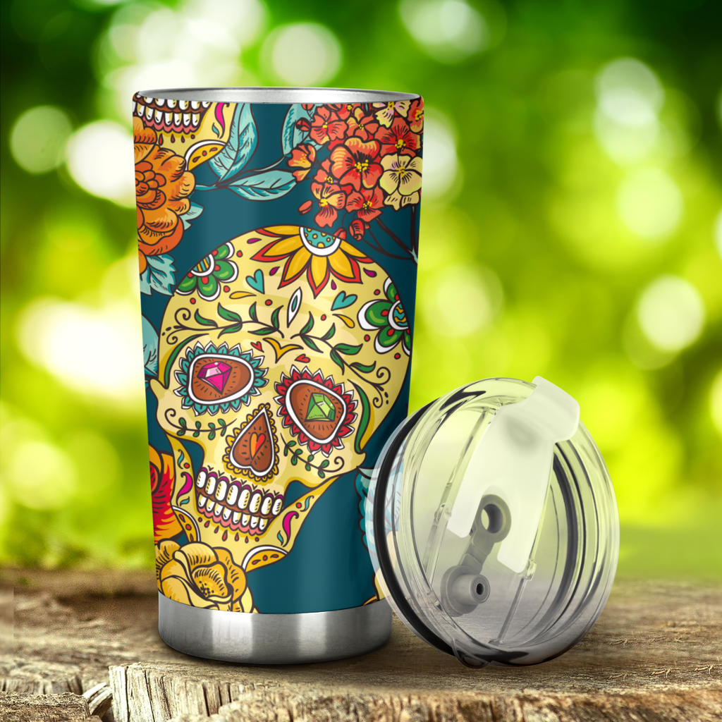 Sugar skull floral tumbler mug cup