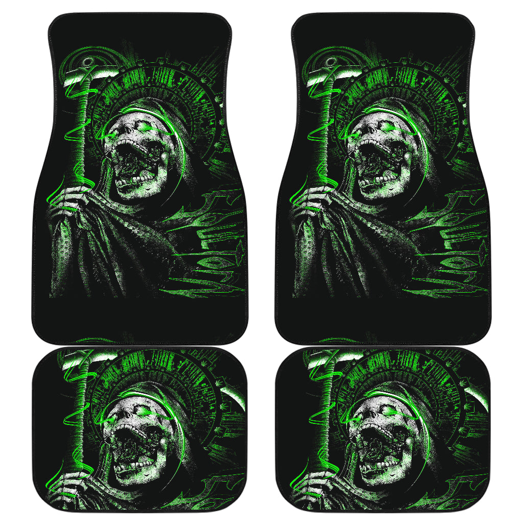 Set of 4 pcs green flaming skull car mats