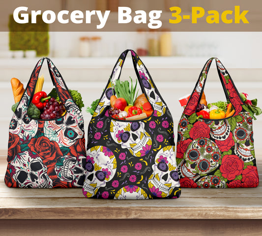 Set of 3 pcs Sugar skull grocery bags